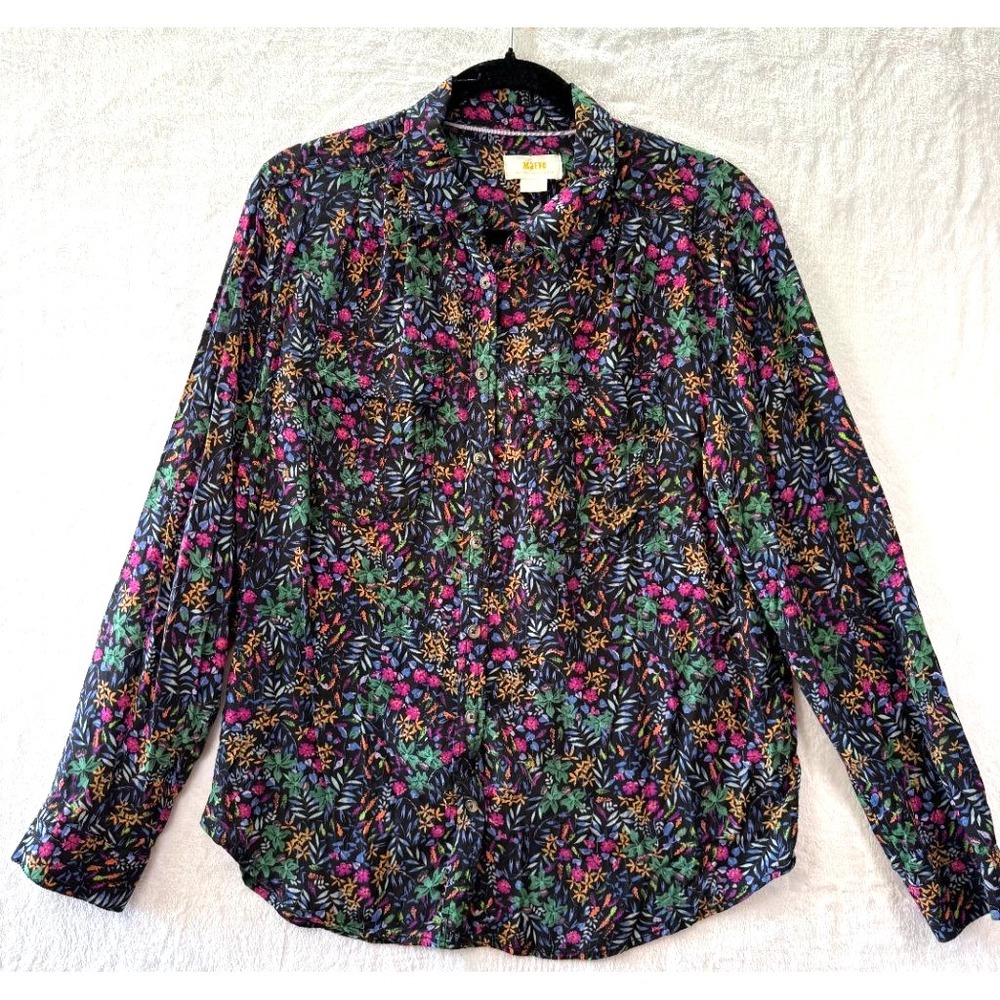 Maeve Anthropologie Floral Button Down Shirt Blouse Rayon Black US 12 UK 16
